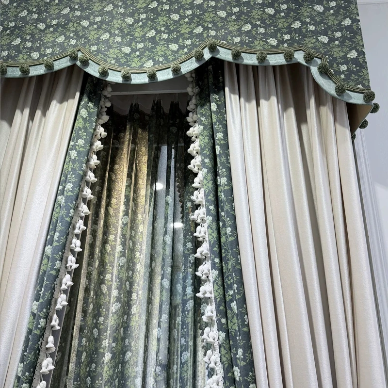 New Rural Retro Green Printing Cotton Linen Splicing Velvet Curtains for Living Room Bedroom French Window Customized Valance