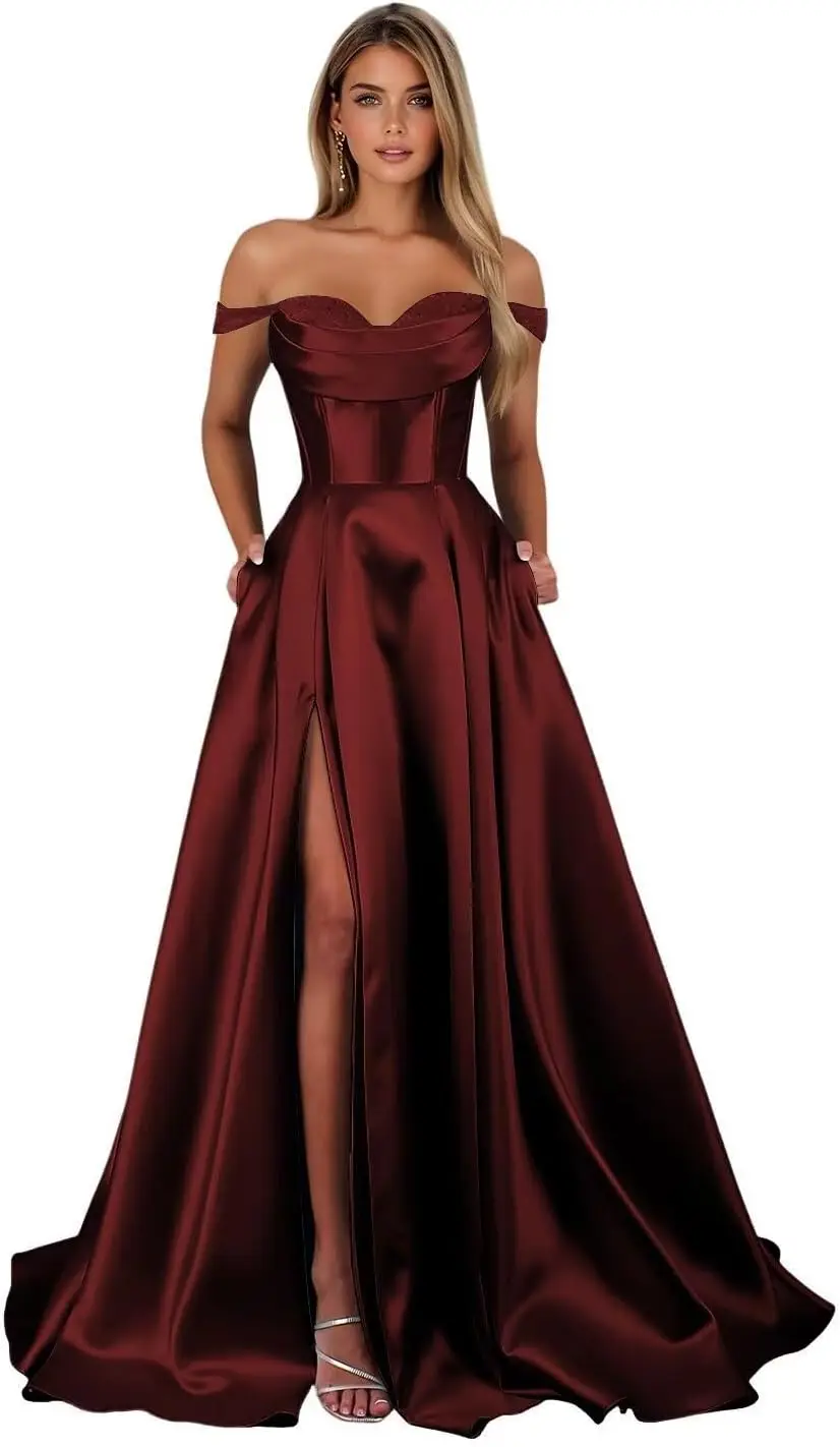 Robe de soirée formelle en Satin pour femmes, épaules dénudées, coupe ajustée, en forme de cœur, avec jupe longue trapèze, sans bretelles