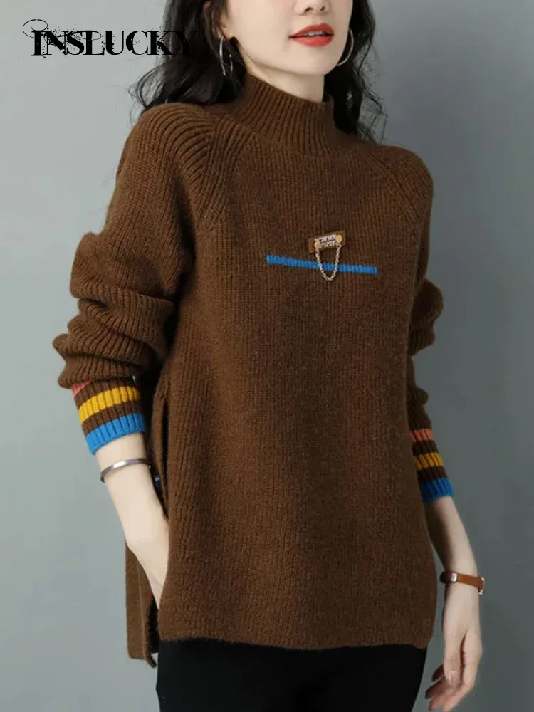 InsLucky Autumn Winter Sweater For Female Mock Neck Long Sleeve Splice Buttons Loose Pullover Letter Pink Chic Women's Clothing