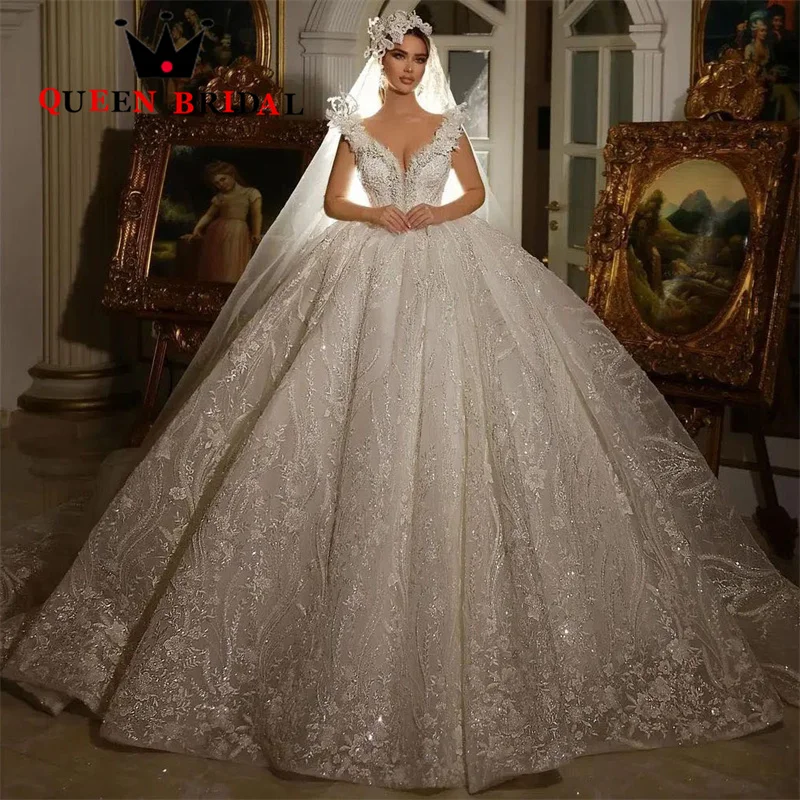 

V Neck Sequined Lace Beading Wedding Dresses Exquisite Sleeveless Floor-Length Bridal Ball Gowns Robe De Mariée Custom Y46X