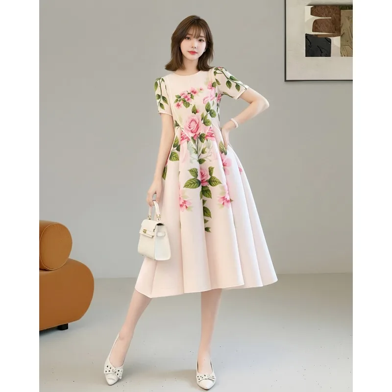 Miyake Pleated Dresses 2026 French New Elegant Printed Short Sleeve Waist-Cinched Fashionable Large Size Stretch Dress for Women