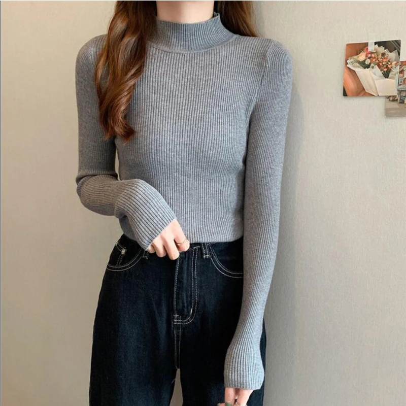 Y2K półgolf sweter damski Winter Korea sweter Basic topy miękkie swetry z dzianiny z długim rękawem ściąga Mock Neck dolna koszula