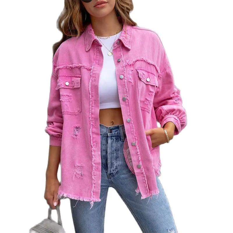 

Frayed Pocket Casual Holes Raw-edges Lapel Denim Jacket Women Jeancoat Long Vintage Button Loose Jacket Spring Rose Coat Female