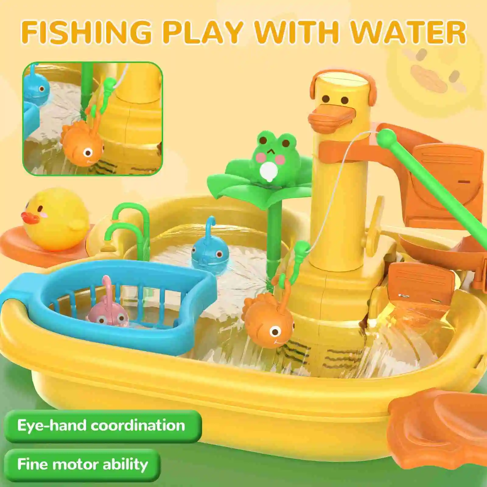 Fregadero de juego con agua corriente para cortar comida, juego de rol 2 en 1, fregadero de cocina, juguetes, piscina, juego de pesca flotante para niños pequeños, amarillo