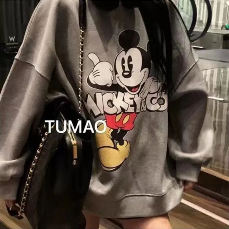 

Pullover hoodie Women Spring And Autumn Thin Section New Heavy Industry Embroidery Striped Mickey cartoon Loose Pullover Top