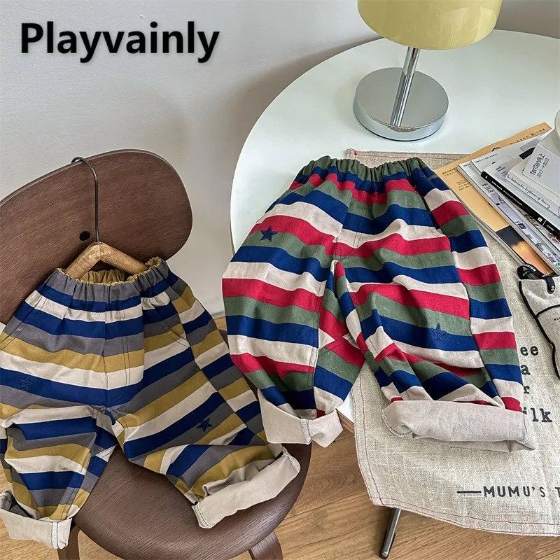 

Новинка 2023 года, весенне-осенние детские повседневные брюки с цветными блоками для мальчиков и девочек, свободные широкие брюки в красную желтую полоску, детская одежда A5031