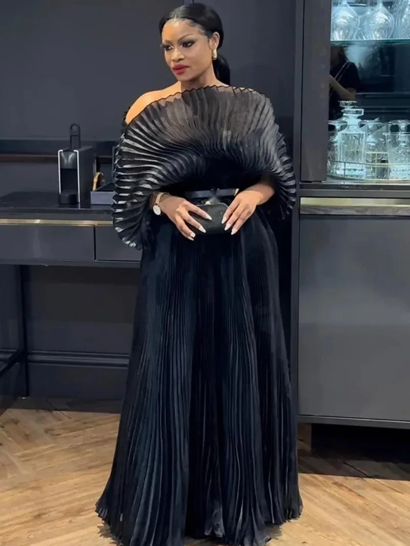 Faltbares Rosa Plissiertes Maxikleid mit Cape-Ärmeln, Leichtes Knitterfreies Abendkleid für Damen in Übergröße, Party- und Hochzeitsgast-Kleid S5X2