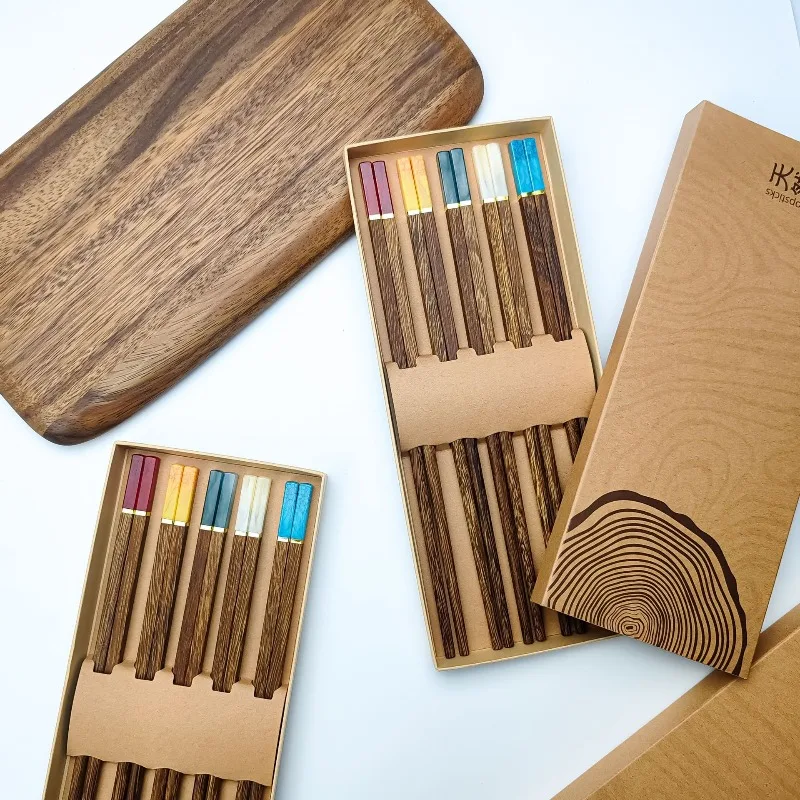 Jade Chicken Wings Wooden Chopsticks 5 Pairs Set High Aesthetic Value New Style Spliced Red Sandalwood Chopsticks Gift Boxes Set