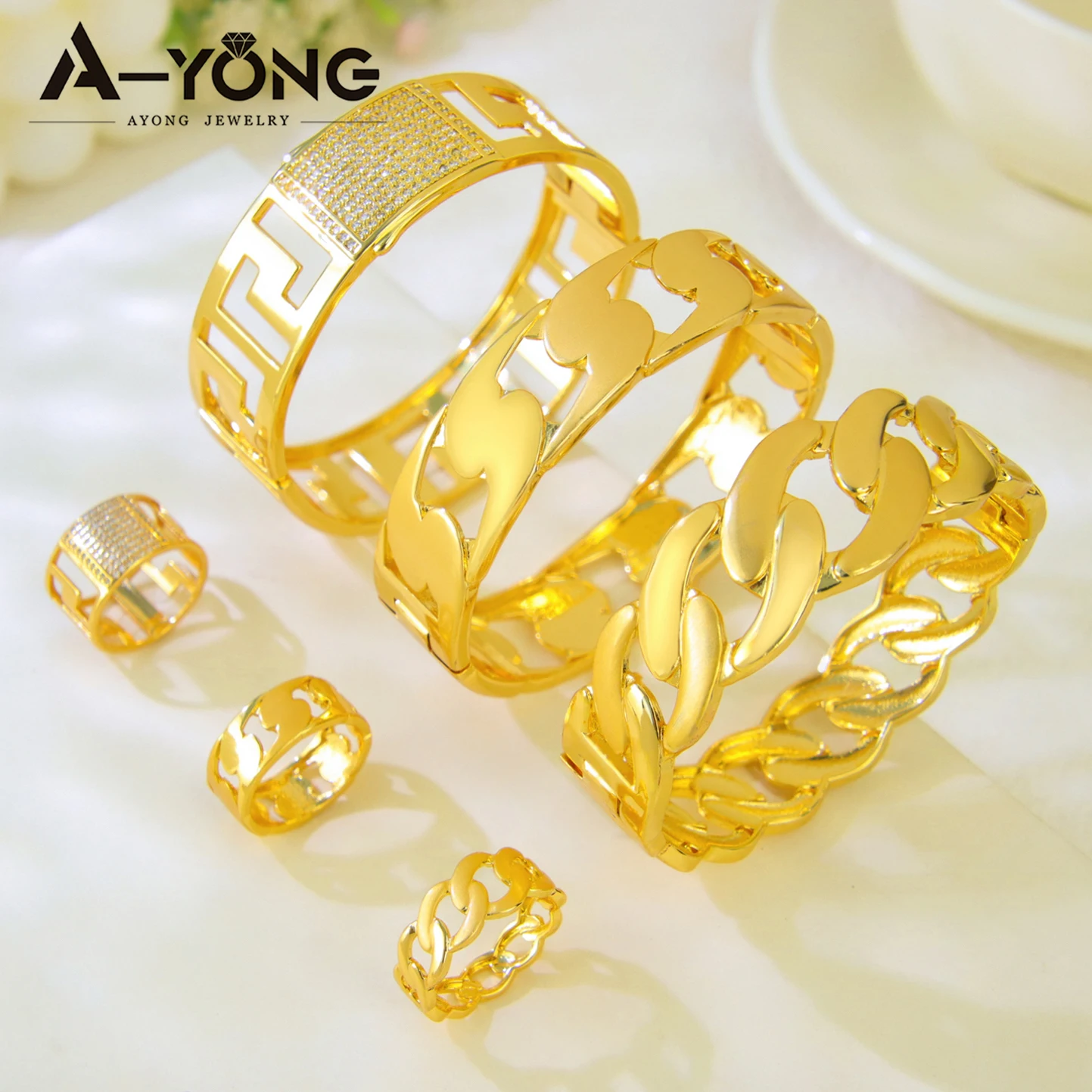 

Ethiopia Gold Plated Bridal Jewelry Set 21k Gold Plated Dubai Fashion Wedding Openning Bracelet Ring Nigeria Vintage Jewelrys