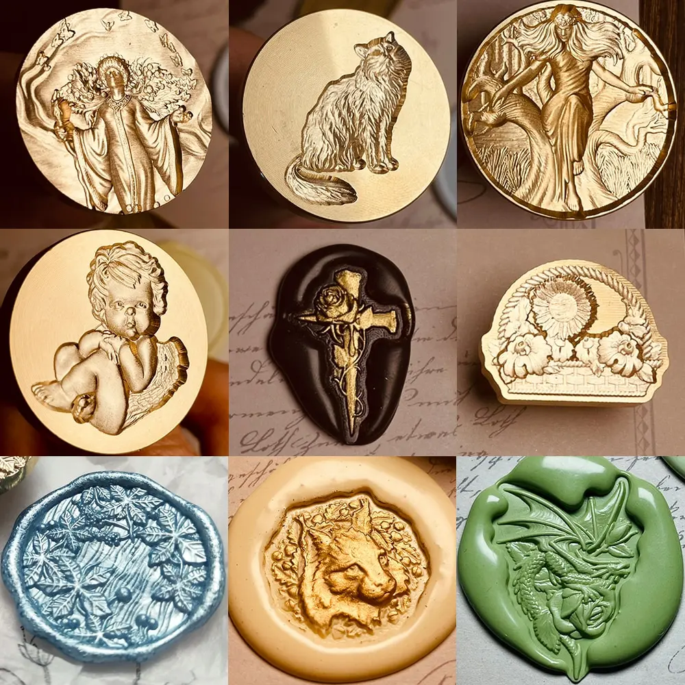 3D Embossed Cat Angel and Flowers Wax Seal Relief Sealing Stamp Head for Scrapbooking Cards, Envelopes Wedding Invitations Gift