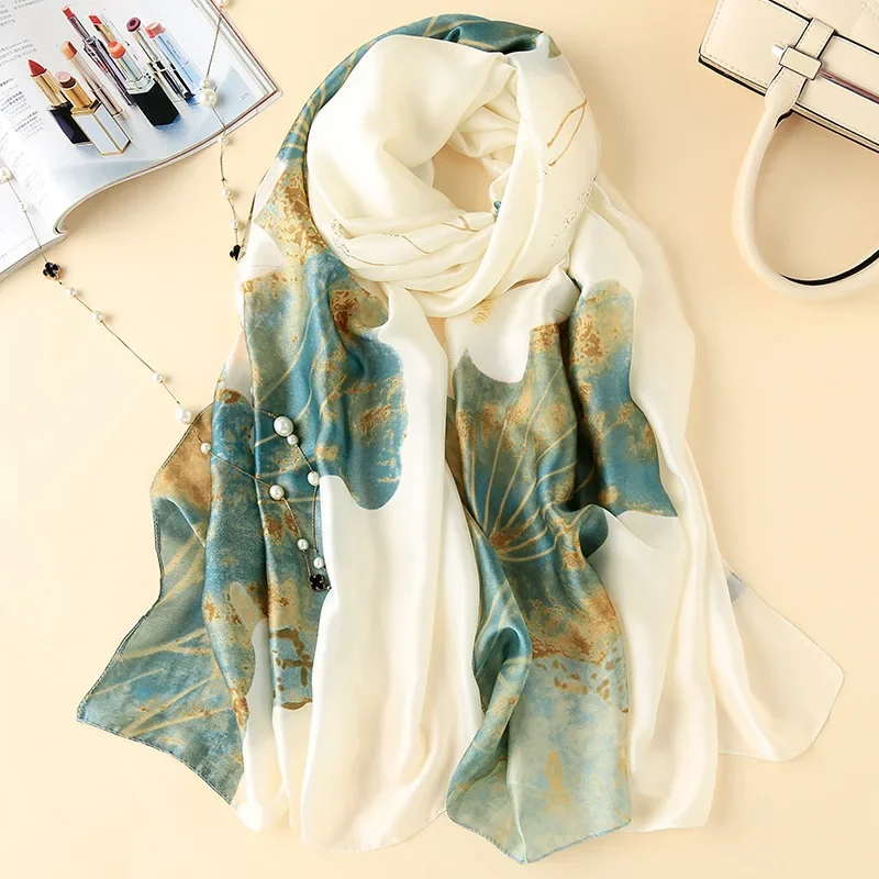 Fashionable Beach Sunscreen Scarf for Women Long All-match Mulberry Silk Silk Scarf Printing