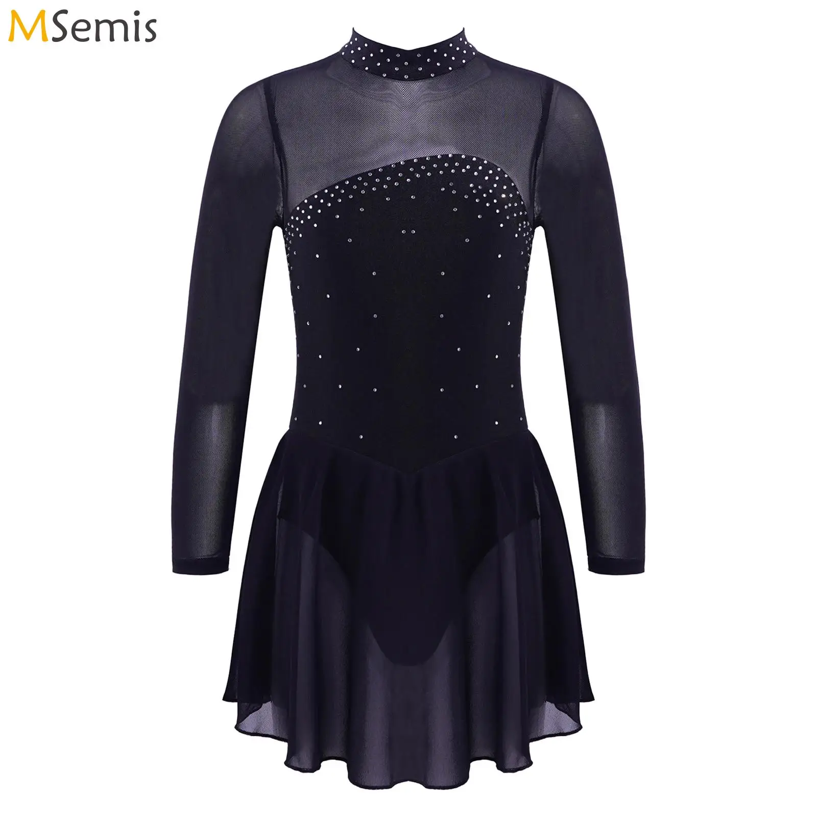 Kids Gymnastic Dress Girls Figure Ice Skating Dress Long Sleeves Mock Neck Tulle Splice Cutouts Back Ballet Dance Leotard Dress