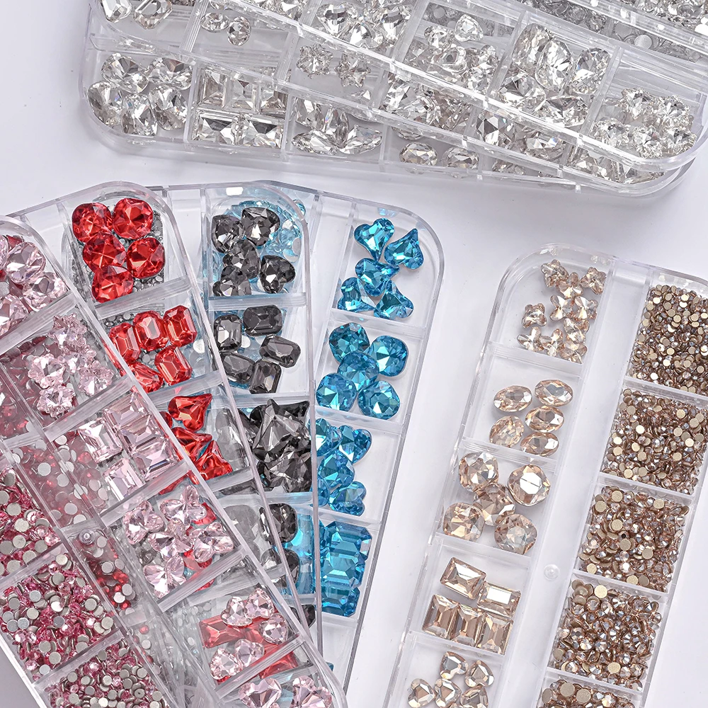 12 Griglia/scatola Rosa Flatback SS4-SS16 Rotondo di Vetro Nail Art Strass Multi-forma Cuore/Farfalla Nail Diamante Unghie FAI DA TE CrystalStone