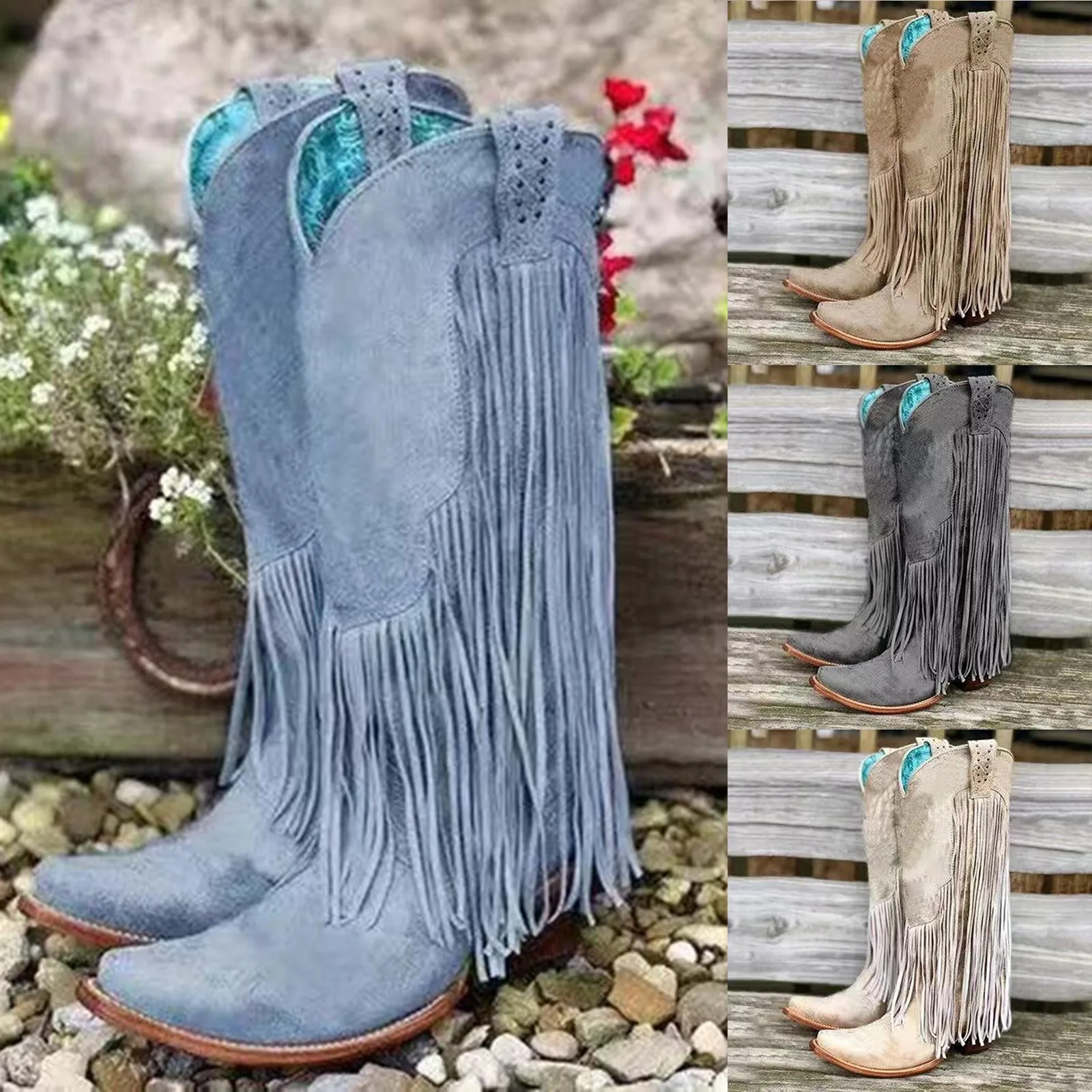 New Women\'s Vintage Fringe Boots Knee-High Low Chunky Heel Pointed Toe Winter Boots High Quality Female Western Cowboy Booties