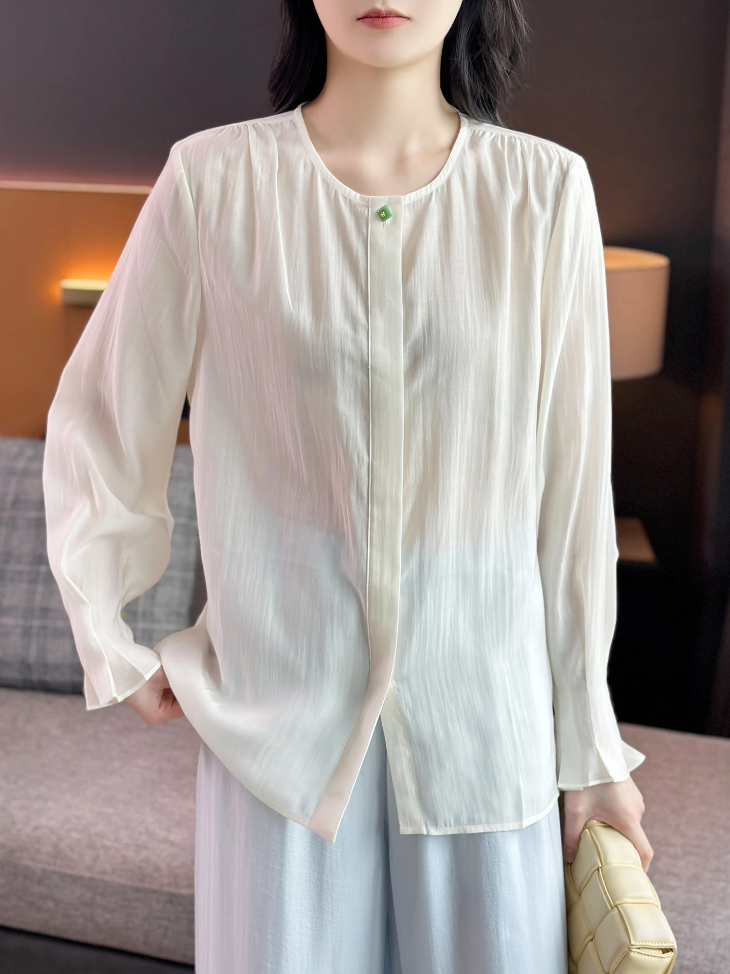 

Женская рубашка в китайском стиле Left Home, тонкая, шелковая, с рукавами-лепестками, свободного кроя, с круглым вырезом, легкая, для многослойного ношения