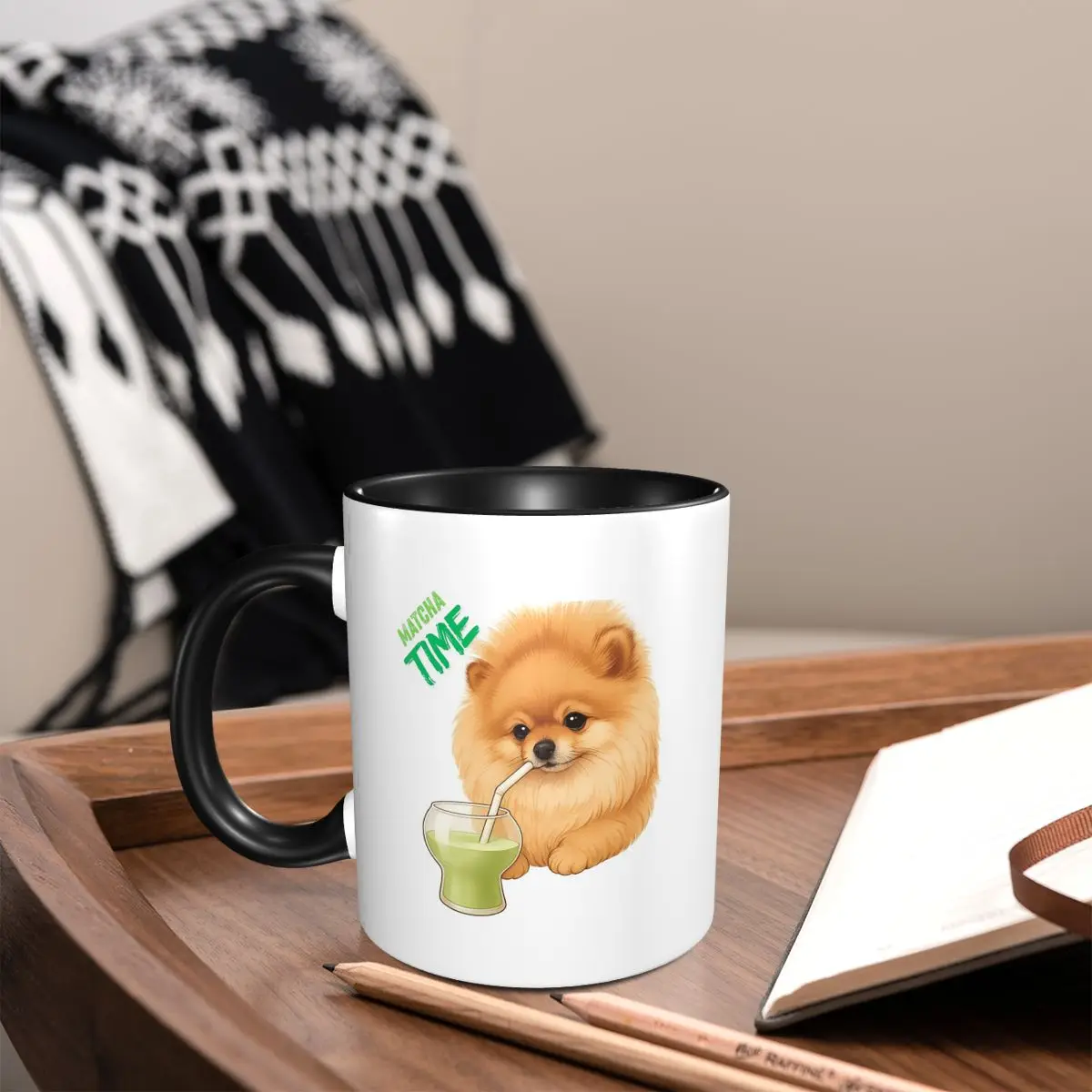 

Pomeranian Dog With Matcha Mug Funny Ceramic Coffee Cups Tea Mugs Milk Cup Drinkware Gifts for Woman Man