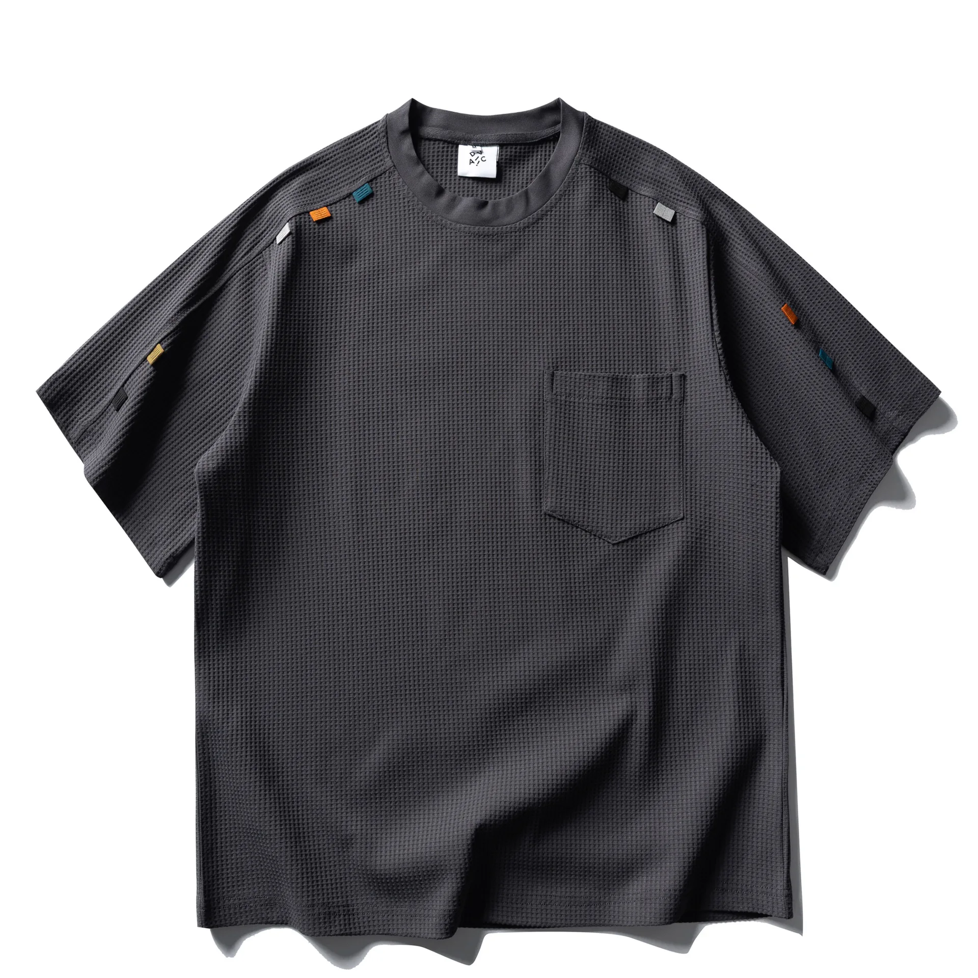 American Casual Waffle Grid Splicing Short Sleeved T-shirt Loose Half Sleeved T-shirt Trendy Couple