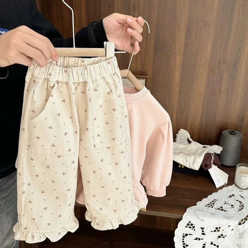 Baby Girl Sweet Little Floral Casual Pants Baby Girl Spring 2026 New Girls Loose Tooling Cotton Straight Pants