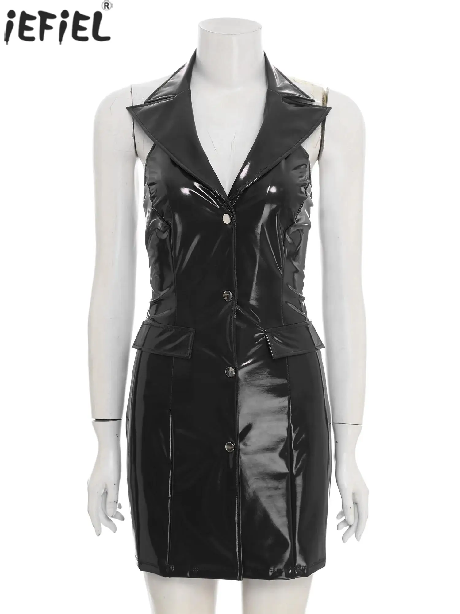 ผู้หญิง PU หนังสีดํา SLIM FIT Deep V คอสะโพกกอดชุดมินิแฟชั่นเงาปาร์ตี้คลับบาร์ดูชุด