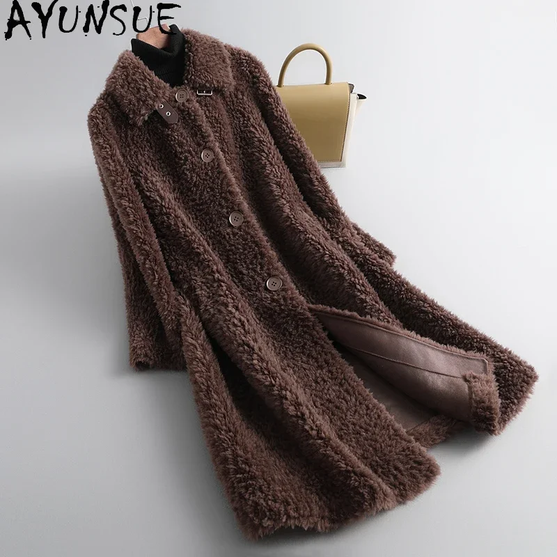 AYUNSUE Women's Winter Coats Sheep Shearling Coat Women Clothing Mid-length Suede Liner Wool Fur Coat Warm Female Fur Jacket Lq