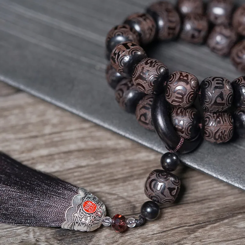 Ebony Vintage Shape Carved Six Word Mantra Handheld Mala Bracelet Collectible Wenwan Prayer Beads Jewelry