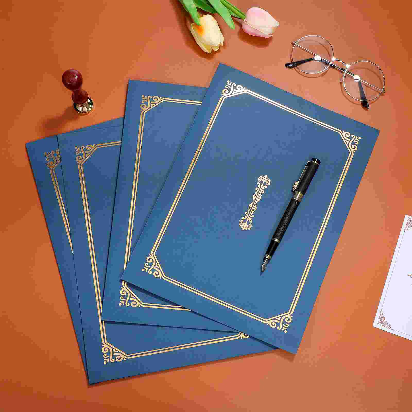 4 Pcs A4 Certificate Holder Hot Stamping Certificate Blue Document Covers Certificate for Letter-Sized Blue Document Covers