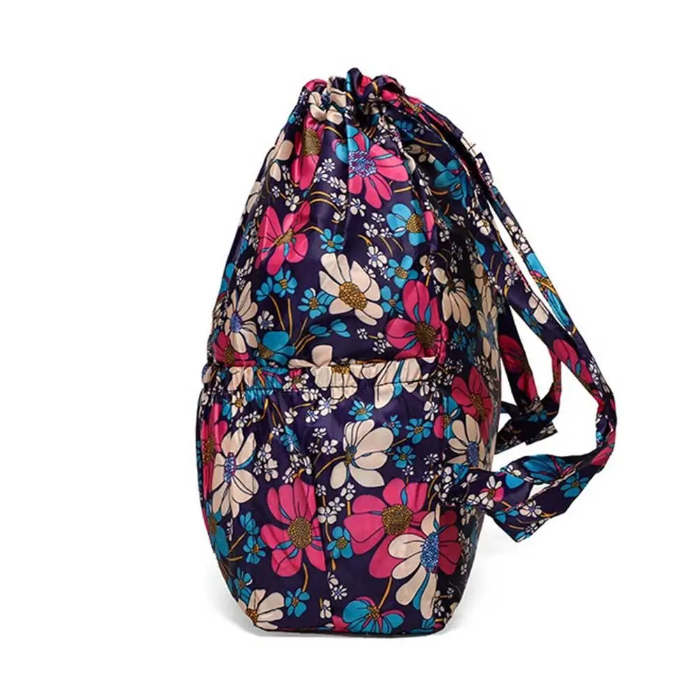 Multifuncional floral impresso Drawstring Bag para senhoras, impermeável, portátil saco de compras, grande capacidade saco de viagem, poliéster Fold