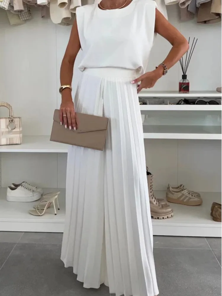 

Elegant Women White Two Piece Sets Summer Round Neck Sleeveless Top & Pleated Wide-leg Pants Casual Set Fashion Print Streetwear