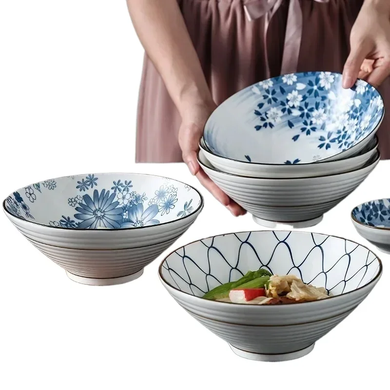 Japanese Ceramic Tableware, 8-inch Dobin Bowl, Flared Rim Ramen Soup Bowl, Creative and Stylish Underglaze Design