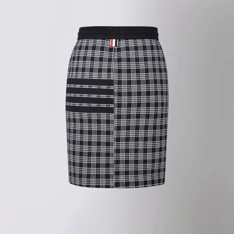 TB THOM Women's Short Skirts Plaid Pattern 4-Bar Striped Business Bag Hip Skirt Fashion Casual High Waist Sports Mini Skirts