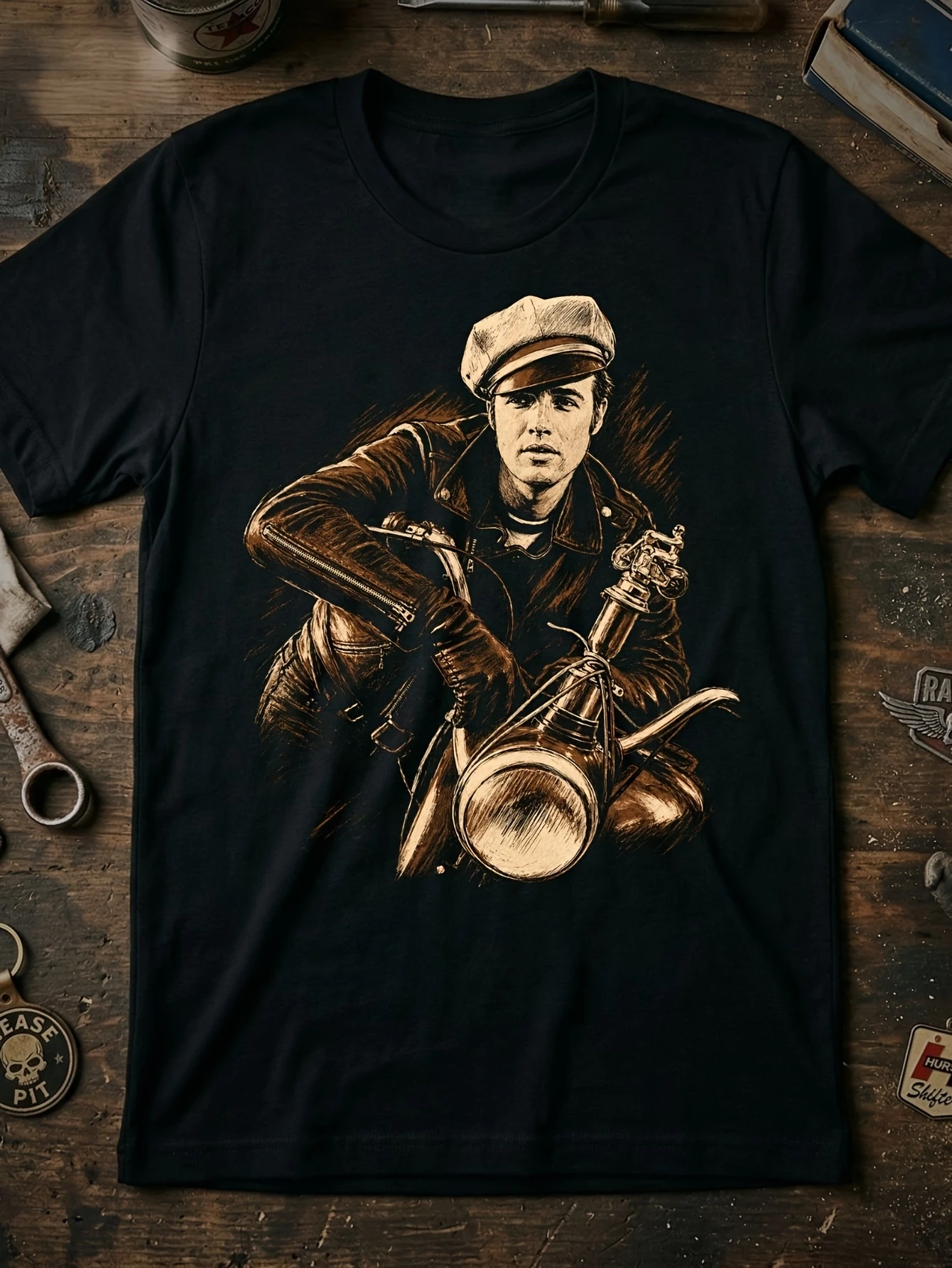 Wild T-shirt Marlon Ndo Greaser retro motorcycle rebel logo print retro style round neck T-shirt suitable for casual wear