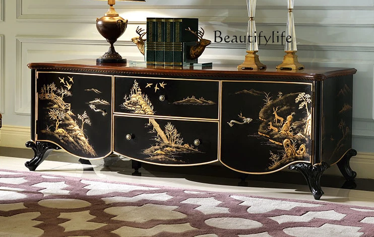 Chinese classical solid wood TV cabinet British black painted home living room film and television floor cabinet light luxury