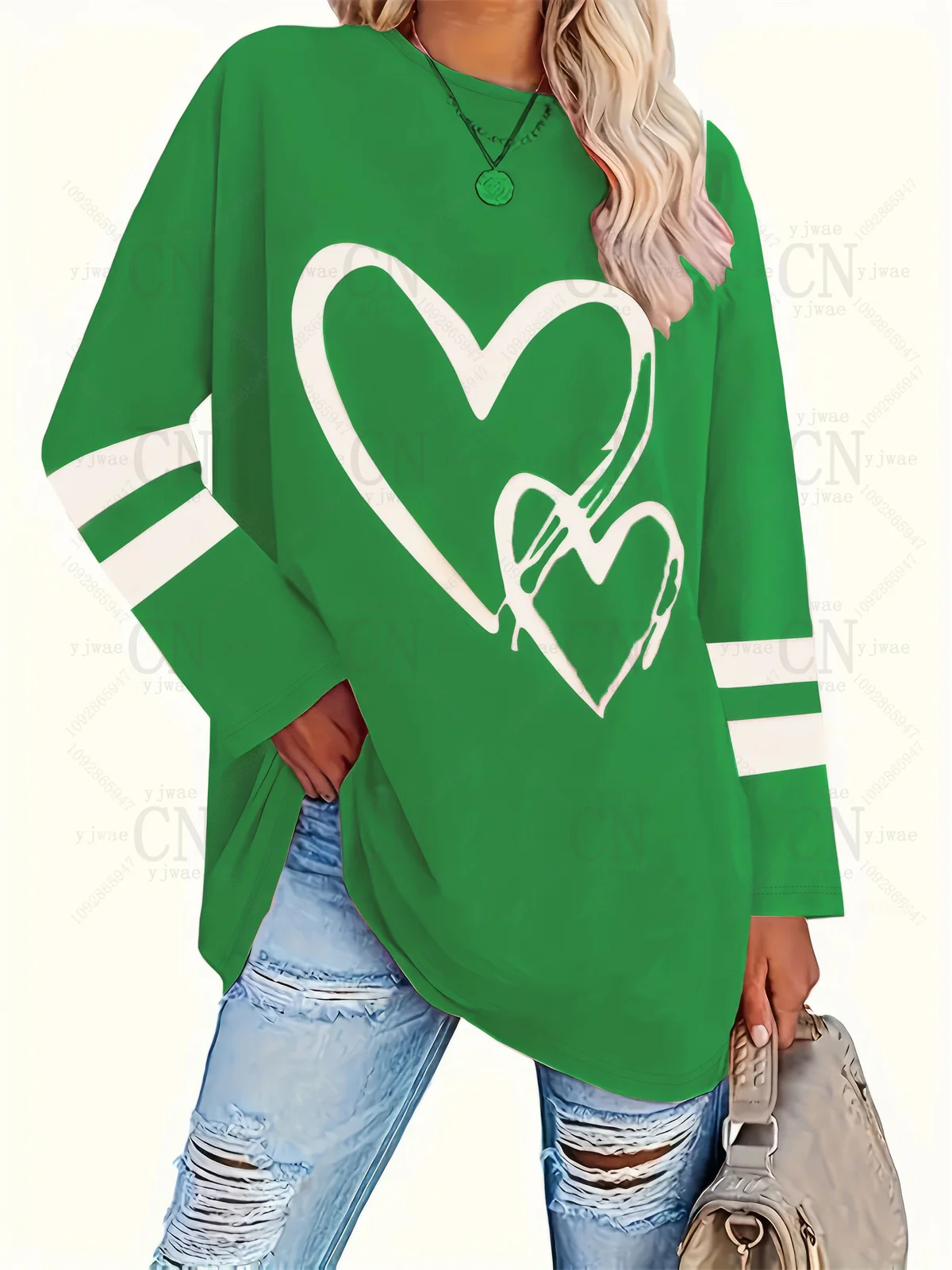 Plus Size Populaire Loszittende Lange Mouw T-shirt met Hartprint Simpele Streetwear Veelzijdige Top Dames Langarm T-shirt