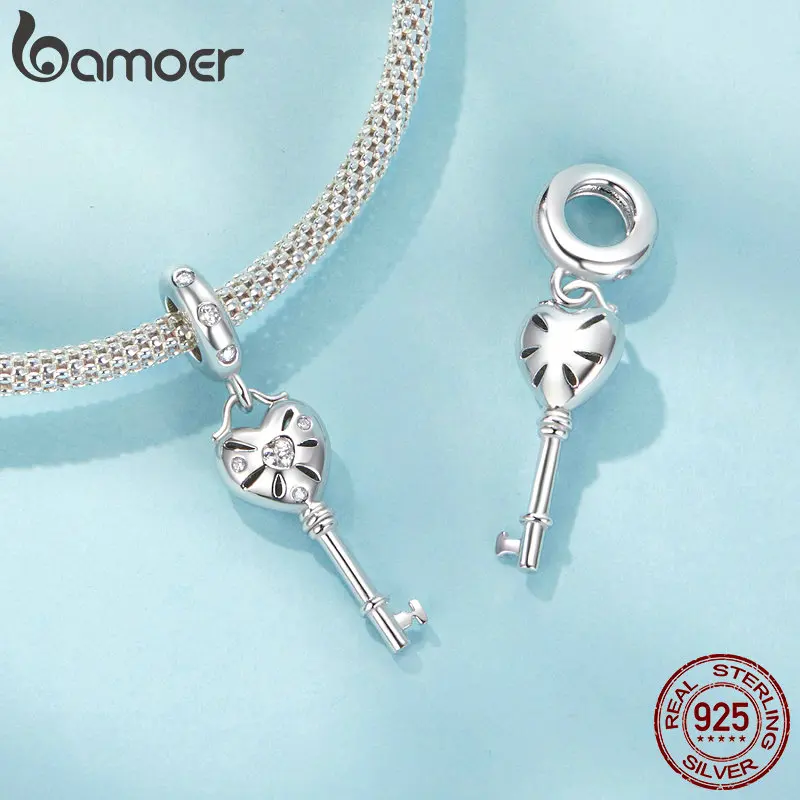 Bamoer Original 925 Sterling Silver Heart Key Tulip Phalaenopsis Charm Pendant White Gold For Women  Party Gift Fine Jewelry