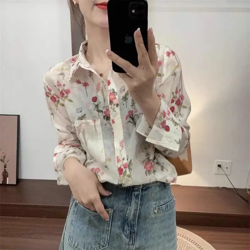 Korean Commute 2024 Spring Summer New Blouses Women\'s Polo Collar Printed Spliced Pockets Loose Casual Long Sleeve Button Shirts