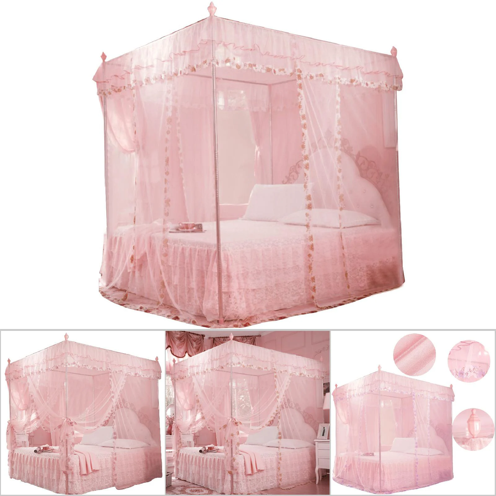 Bed Curtain Mosquito Net Luxury Princess 3 Side Openings Post Bed Curtain Canopy Netting Mosquito Net Bedding Mosquito Netting