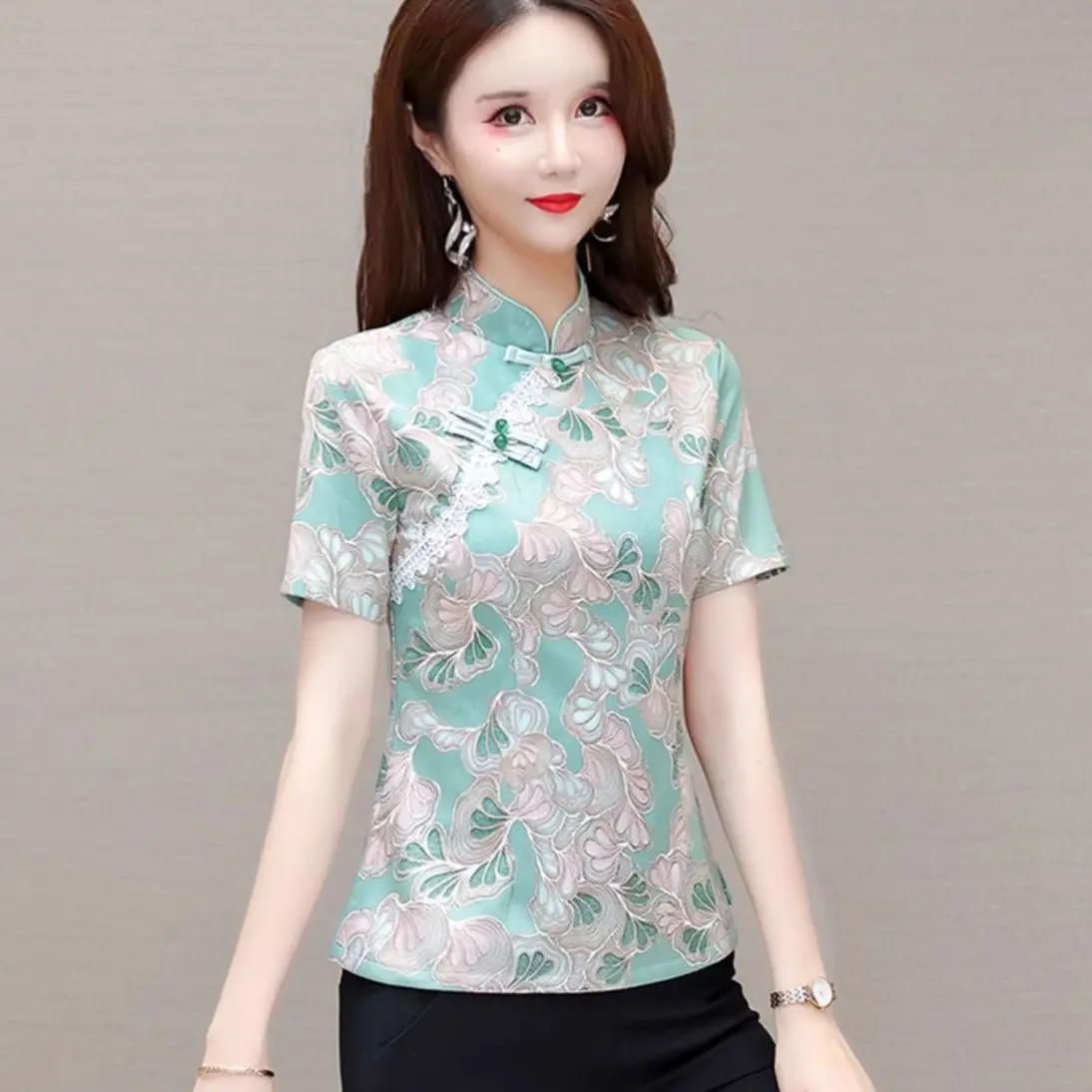 Retro Improved Cheongsam Top for Women with Short-sleeved Slim Temperament and Age-reducing Printing Shirt