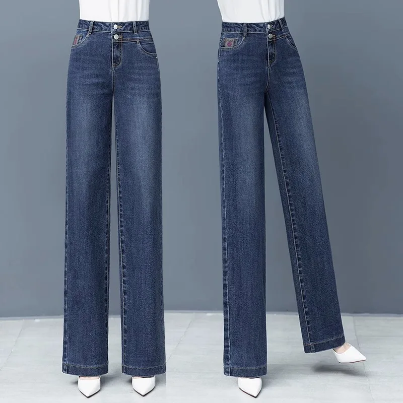 

Повседневные прямые джинсы для женщин: новинка весна-осень, свободные, струящиеся, стройнящие, универсальные, узкие по талии, широкие штанины, длинные брюки