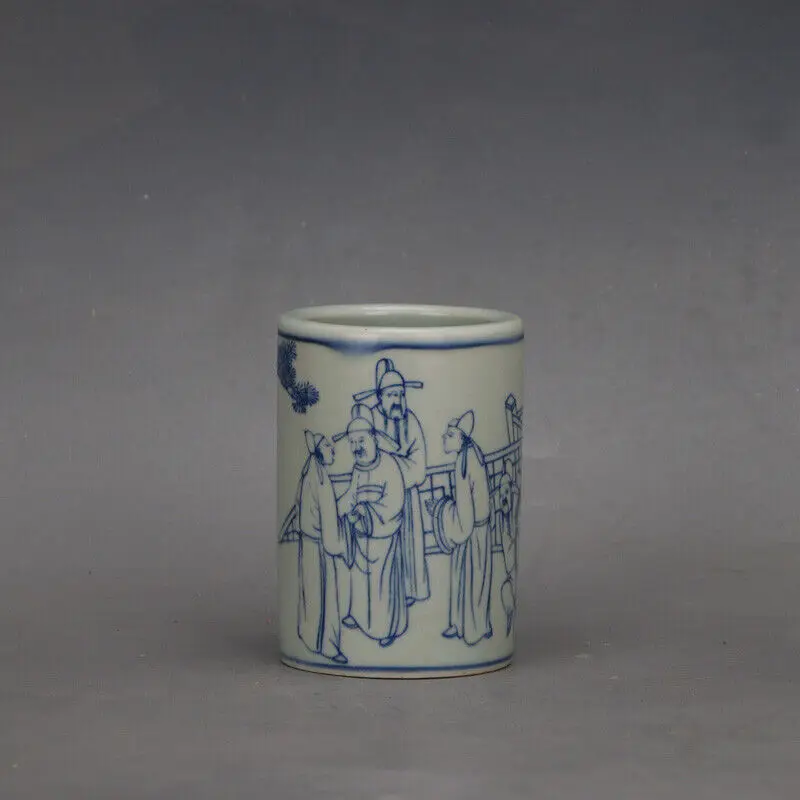 4.3" Good Chinese Ming Blue-and-white Porcelain Figure Stories Brush Pot