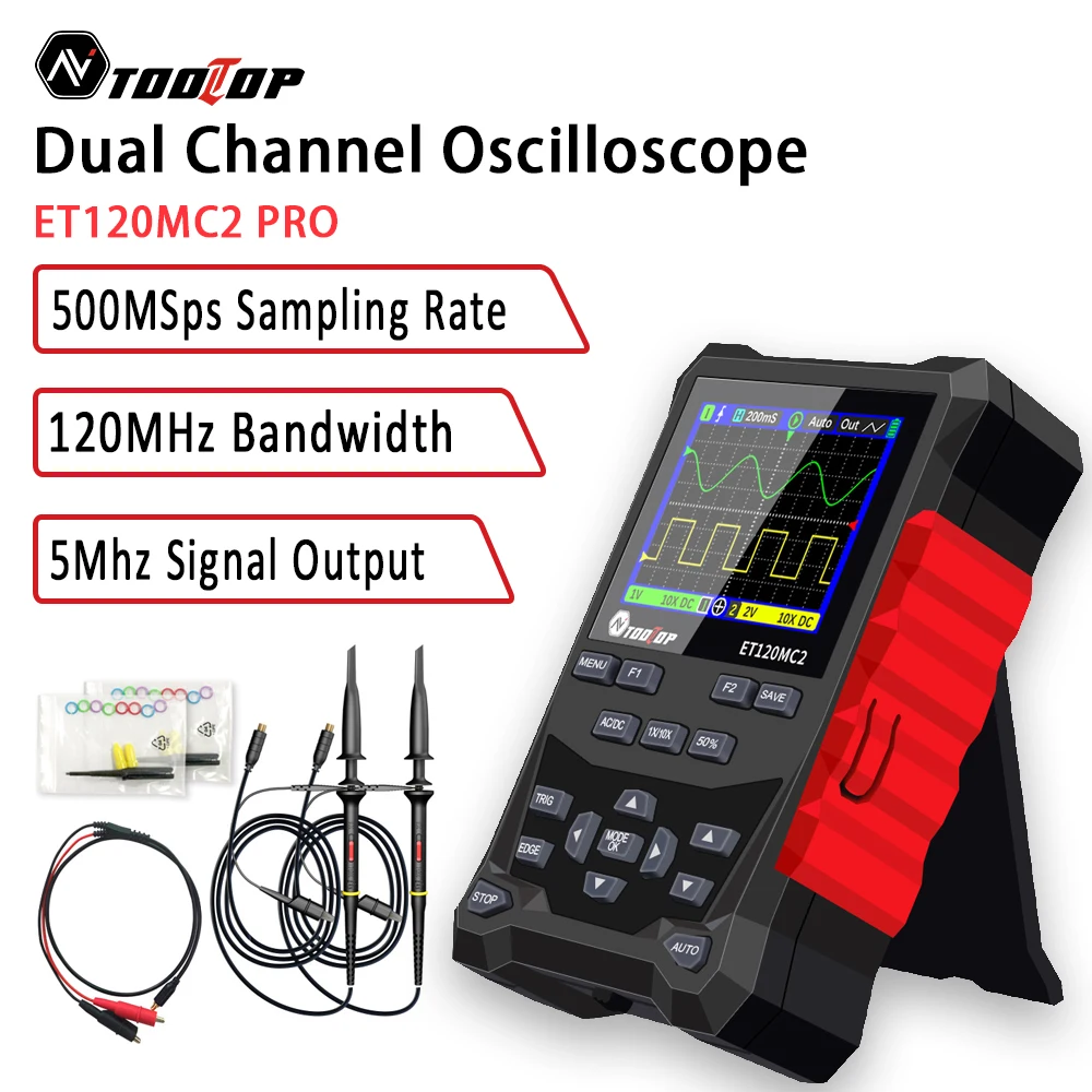 TOOLTOP ET120MC2 PRO Tragbares Zweikanal-Digital-Oszilloskop 120 MHz Bandbreite Wiederaufladbarer Akku Elektronische Reparaturwerkzeuge