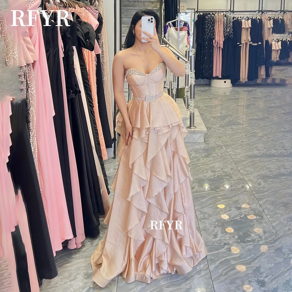 

RFYR Ruffled Prom Dress A Line Party Dress with Belt Princess Dress Beading Handmade Sweetheart Evening Dress Customized