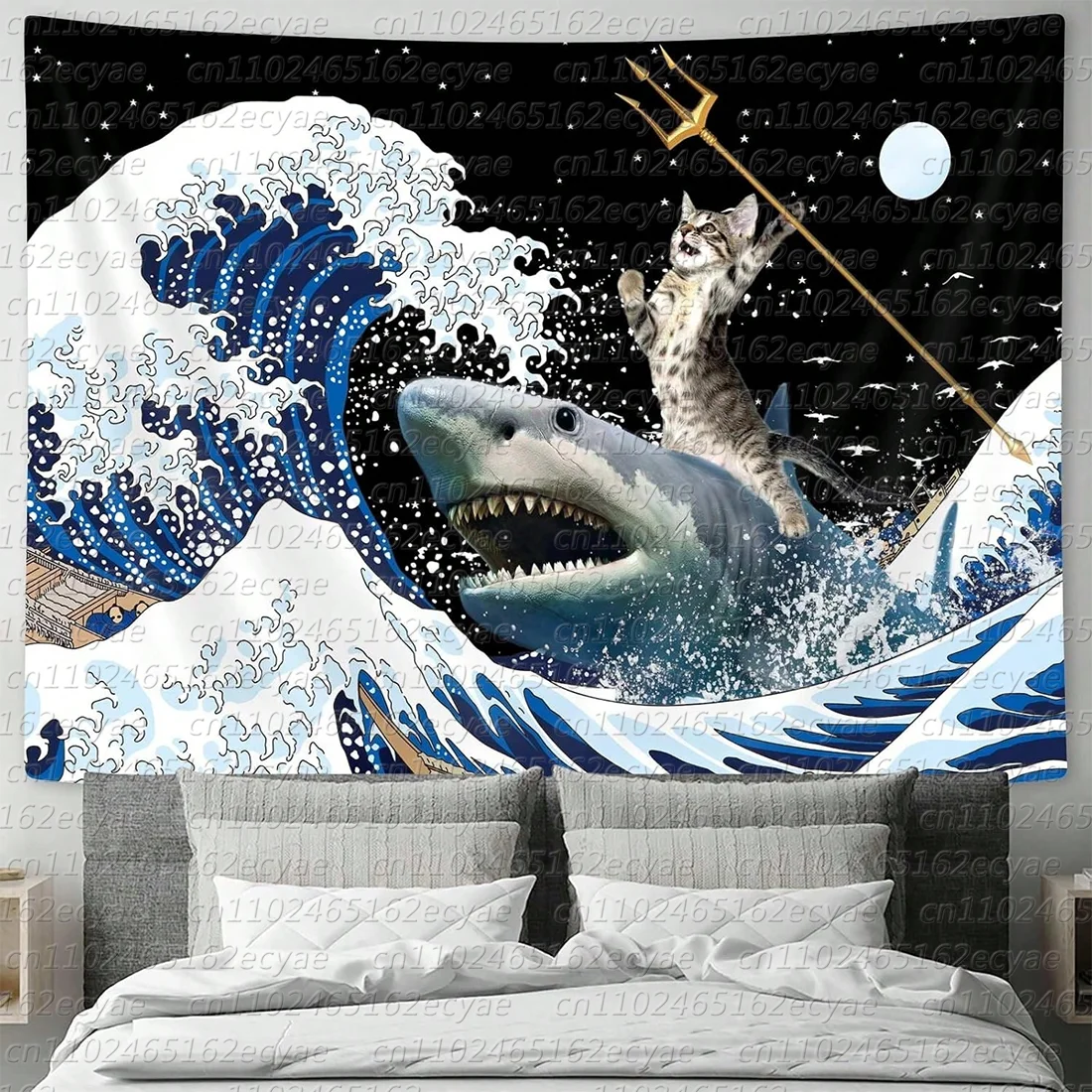 Funny Cat Tapestry, Cute Cat Riding Shark Wall Tapestry Japanese Wave Wall Hanging Tapestry Multi-Use Blanket Decor Tapestry