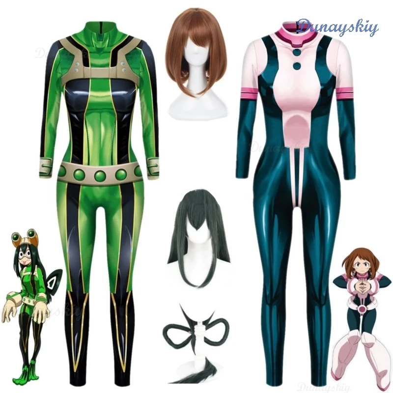 Anime My Hero Ochaco Uraraka Asui Tsuyu Froppy Academia Cosplay Costume Wig Tight Printing Jumpsuits Woman Sexy Suit Customized