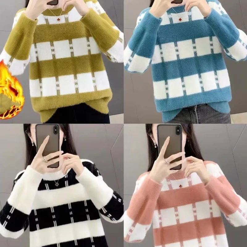 New Style Autumn and Winter Women\'s Color Block O-Neck Long Sleeves Loose Knitted Pullovers Sweater Fashion Casual Commute Tops