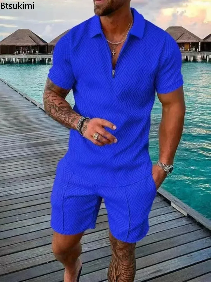 Nuevo 2024 traje Polo para hombre, conjuntos de moda para hombre, camisa POLO de manga corta con cremallera y cuello en V liso de verano + Pantalones cortos, traje informal de dos piezas para hombre