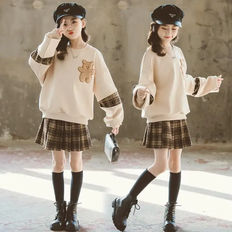 autumn winter Girls Clothes teenager bear hoodie t shirt + plaid shorts JK pleated skirt uniform 4 5 6 7 8 9 10 11 12 years
