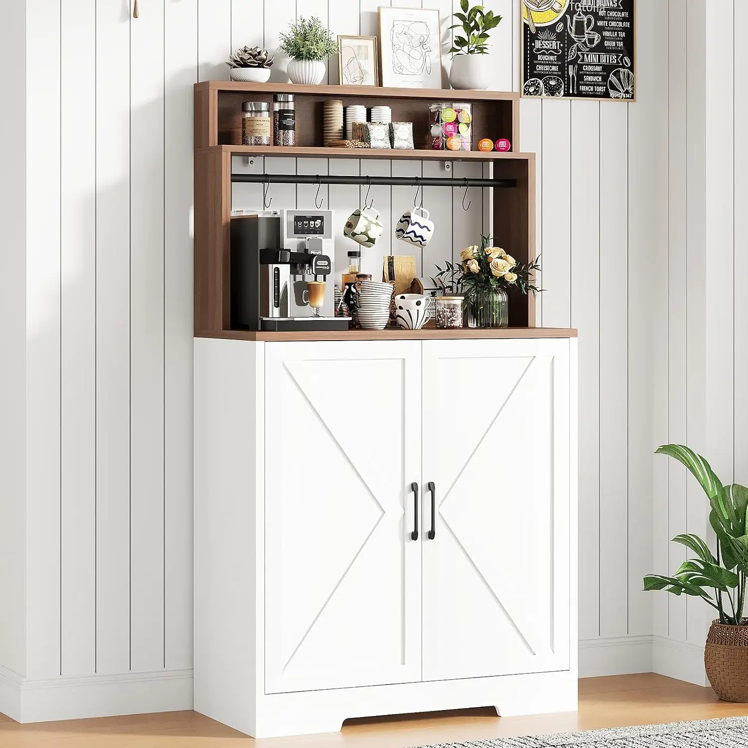 Farmhouse Coffee Bar Cabinet with Storage & Shelves 56.7