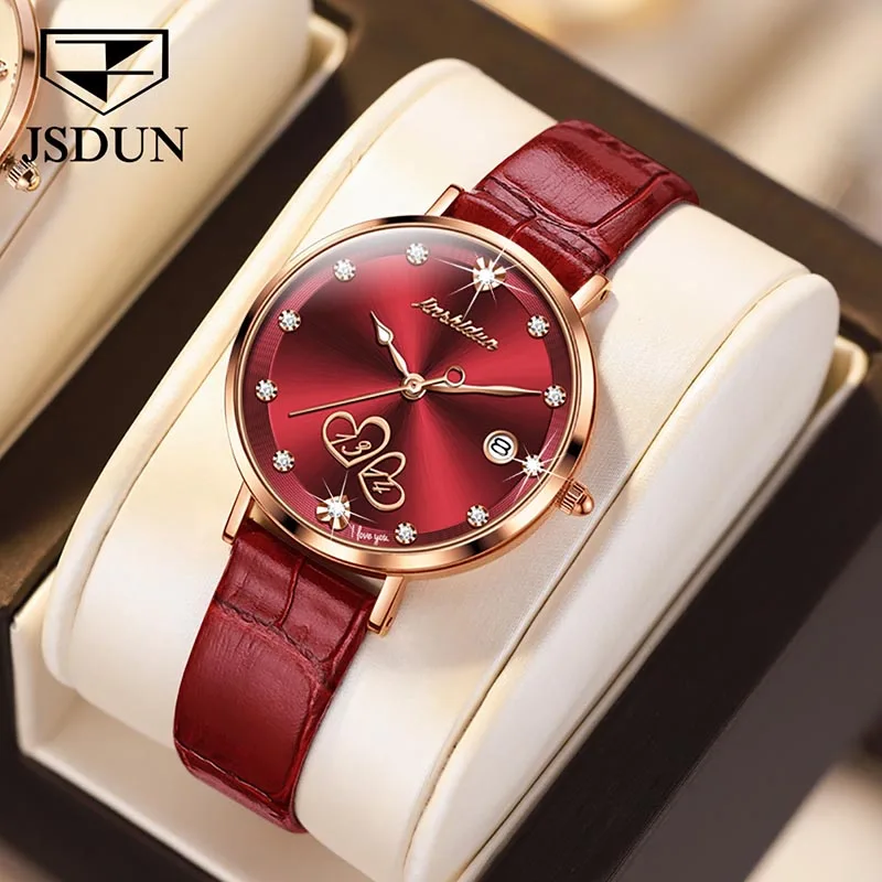 

JSDUN Brand New Luxury Women Watch High Quality Diamond Women Quartz Watch Red Leather Luminous Waterproof Watches Reloj Mujer