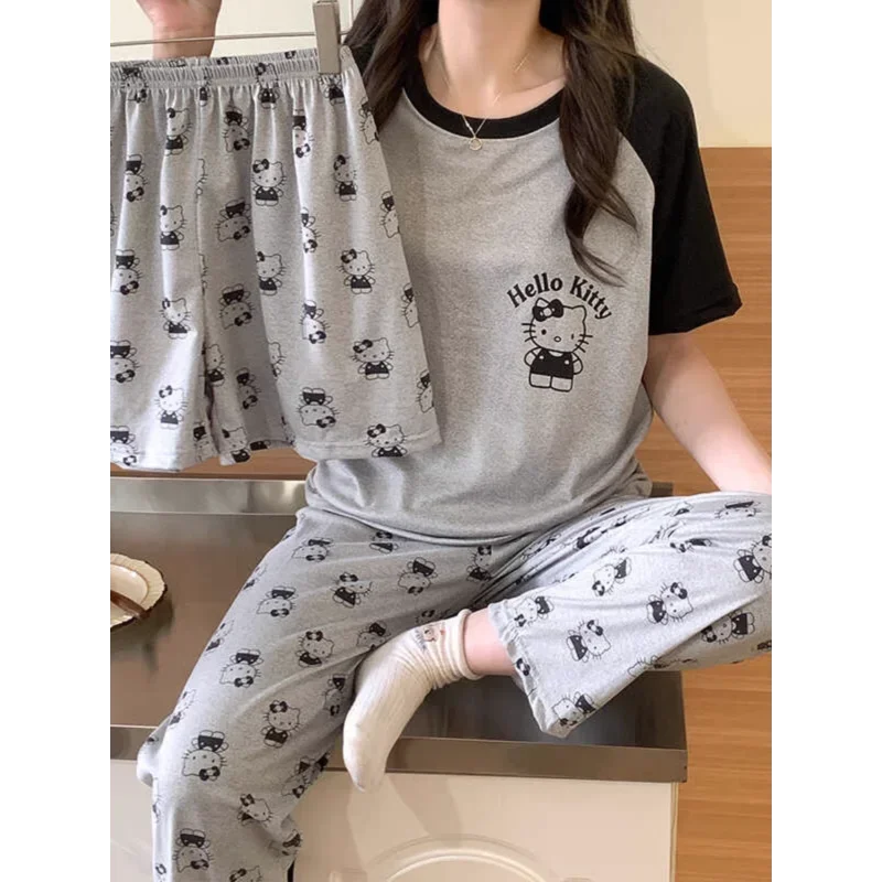 Sanrio Hello Kitty pijamas de seda de verano para mujer de algodón Casual de dibujos animados de tres piezas pijamas de mujer ropa de casa pijamas