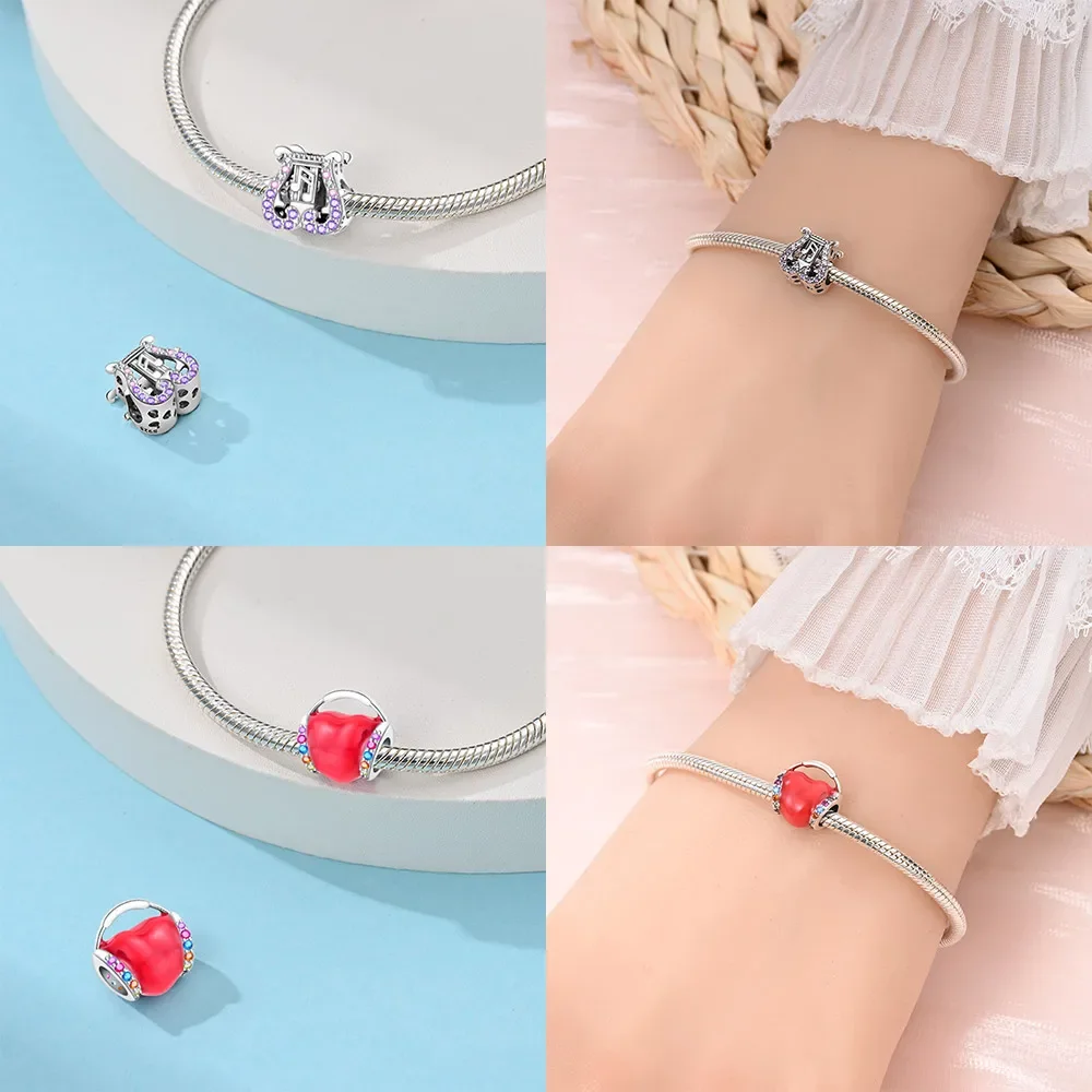 Original 925 Sterling Silver Music Box Earphone Guitar Radio Beads Charms Fit Bracelets Necklaces Fine Jewelry for Women Girls